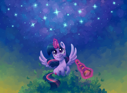 Size: 1366x1000 | Tagged: dead source, safe, artist:reuniclus, twilight sparkle, alicorn, pony, g4, female, levitation, magic, mare, smiling, solo, stargazing, telekinesis, telescope, twilight sparkle (alicorn)