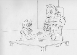 Size: 3051x2190 | Tagged: safe, artist:kegisak, silver spoon, oc, oc:nightingale, bat pony, anthro, unguligrade anthro, g4, clothes, high res, monochrome, necklace, night guard, punching bag, scar, table, workout outfit