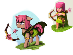 Size: 1280x960 | Tagged: safe, artist:28gooddays, pony, unicorn, arrow, bow (weapon), bow and arrow, clash of clans, female, magic, mare, ponified, rule 85, video game, weapon