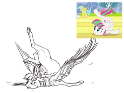 Size: 1600x1200 | Tagged: safe, artist:28gooddays, screencap, blossomforth, pegasus, pony, g4, backbend, chest stand, contortionist, female, flexible, floppy ears, mare, monochrome, realistic, scene interpretation, solo