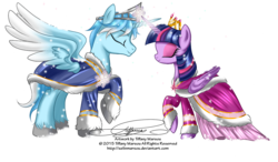 Size: 1200x699 | Tagged: safe, artist:tiffanymarsou, twilight sparkle, oc, oc:blayze, alicorn, pony, g4, alicorn oc, canon x oc, clothes, dress, shipping, snow, snowfall, twilight sparkle (alicorn), unshorn fetlocks