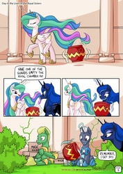 Size: 955x1351 | Tagged: safe, artist:mysticalpha, princess celestia, princess luna, alicorn, pony, comic:day in the lives of the royal sisters, g4, alternative defecation, armor, bush, butt, chamber pot, comic, crown, dialogue, dock, eyes closed, female, frown, horseshoes, jewelry, levitation, magic, magic in a jar, male, mare, open mouth, peytral, plot, poop joke, potion, pouring, raised hoof, raised leg, regalia, royal guard, sitting, smiling, speech bubble, stallion, telekinesis, toilet humor, toilet paper, walking, wat, water, wavy mouth, wide eyes