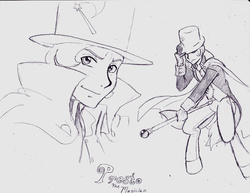 Size: 1000x773 | Tagged: safe, artist:dj-black-n-white, oc, oc only, oc:presto, satyr, clothes, gloves, hat, magician, monochrome, offspring, parent:trixie, rpg, solo, top hat, wand