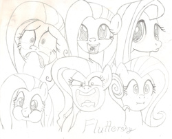 Size: 3059x2470 | Tagged: safe, artist:chronicle23, fluttershy, g4, angry, crying, expressions, female, flutterrage, fluttershy is best facemaker, high res, monochrome, pencil drawing, pouting, puffy cheeks, smiling, solo, traditional art, we bought two cakes