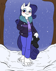 Size: 960x1212 | Tagged: safe, artist:ced75, artist:kuroi-wolf, rarity, anthro, plantigrade anthro, g4, barefoot, barefooting, blushing, clothes, denim, feet, female, jeans, long pants, pants, smug, snow, snowfall, solo, winter outfit