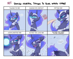 Size: 1600x1300 | Tagged: safe, artist:magnaluna, nightmare moon, human, pony, ..., angry, chest fluff, cute, denied, doing loving things, ethereal mane, eye clipping through hair, eyes closed, female, galaxy mane, hand, laughing, mare, meme, moonabetes, neck fluff, open mouth, reality ensues, rejected, rejection, sombra eyes, subverted meme, waifu