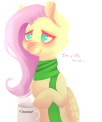 Size: 1673x2000 | Tagged: safe, artist:miss-cats, fluttershy, g4, chocolate, clothes, cup, female, folded wings, food, hot chocolate, scarf, simple background, solo, speech, white background