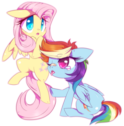 Size: 5906x5967 | Tagged: safe, artist:sorasku, fluttershy, rainbow dash, g4, absurd resolution, band-aid, band-aid on nose, female, hooves to the chest, lesbian, ship:flutterdash, shipping, simple background, sitting, surprised, tongue out, transparent background