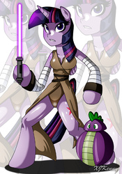 Size: 600x857 | Tagged: safe, artist:xjkenny, spike, twilight sparkle, anthro, unguligrade anthro, g4, arm hooves, bad anatomy, bb-8, hoof hold, jedi, lightsaber, rey, spoilers for another series, star wars, star wars: the force awakens, twilight sparkle (alicorn), weapon, zoom layer