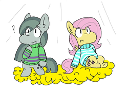 Size: 1161x855 | Tagged: safe, artist:spicyalphys, fluttershy, marble pie, g4, chara, clothes, cute, frisk, friskershy, marblebetes, shyabetes, sweater, sweatershy, undertale