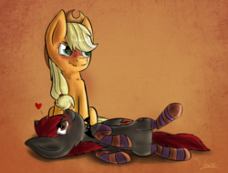 Size: 1000x758 | Tagged: safe, artist:wave-realm, applejack, oc, oc:spiral night, g4, canon x oc, clothes, female, male, shipping, socks, straight, striped socks