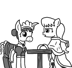 Size: 640x600 | Tagged: safe, artist:ficficponyfic, oc, oc only, oc:hope blossoms, donkey, pony, colt quest, adult, cloak, clothes, female, maid, mare, robe, sad, stool, story included, table