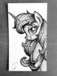 Size: 2448x3264 | Tagged: safe, artist:selenophile, princess luna, alicorn, pony, g4, beautiful, bedroom eyes, business card, bust, female, high res, horn, jewelry, looking at you, mare, monochrome, pen and ink, pen drawing, portrait, profile, regalia, smiling, solo, traditional art, trafitional art