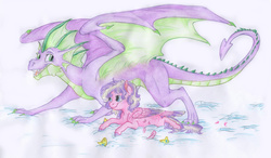 Size: 6876x4008 | Tagged: safe, artist:dawn22eagle, artist:php130, princess skyla, spike, dragon, pegasus, pony, g4, absurd resolution, adult spike, alternate design, blue eyes, collaboration, colored claws, duo, fangs, female, filly, green eyes, lying down, next generation, offspring, older, older spike, parent:princess cadance, parent:shining armor, parents:shiningcadance, quadrupedal spike, smiling, snow, species swap, tail, tail feathers, traditional art, winged spike, wings
