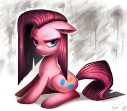 Size: 1280x1118 | Tagged: safe, artist:shira-hedgie, pinkie pie, g4, angry, female, frown, pinkamena diane pie, sitting, solo