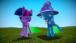 Size: 1920x1080 | Tagged: dead source, safe, artist:tacko marceno, trixie, twilight sparkle, pony, unicorn, g4, 3d, fart, fart cloud, female, gmod, mare, the great and flatulent trixie, unicorn twilight