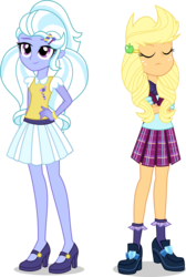 Size: 2804x4167 | Tagged: safe, artist:xebck, applejack, sugarcoat, equestria girls, g4, my little pony equestria girls: friendship games, alternate hairstyle, alternate universe, bowtie, clothes, crystal prep academy, crystal prep academy uniform, hairclip, hand on hip, high heels, high res, plaid skirt, pleated skirt, role reversal, school uniform, shoes, simple background, skirt, socks, transparent background, vector