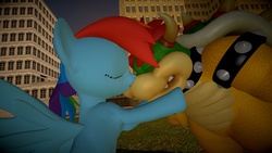 Size: 1920x1080 | Tagged: safe, artist:tacko marceno, rainbow dash, koopa, pegasus, pony, g4, 3d, bowser, crossover, crossover shipping, female, gmod, kissing, male, mare, rainbow dash gets shipped with everything, shipping, straight, super mario bros.