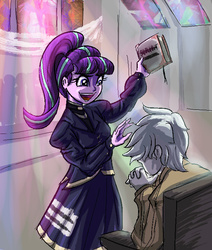 Size: 605x715 | Tagged: source needed, safe, artist:kul, double diamond, starlight glimmer, equestria girls, g4, chair, church, clothes, cult, cultist, cutie map, duo, egalitarianism, equestria girls-ified, female, heresy, human starlight, jacket, jonestown, male, our town, praying, skirt, stained glass, story included, this will end in death, this will end in suicide