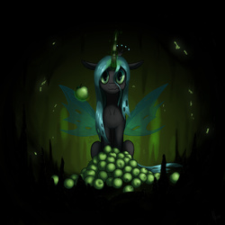 Size: 2000x2000 | Tagged: safe, artist:hieronymuswhite, queen chrysalis, changeling, changeling queen, g4, apple, cave, crown, eating, female, food, glowing, glowing horn, high res, horn, insect wings, jewelry, looking at you, magic, magic aura, misleading thumbnail, regalia, sitting, solo, spread wings, telekinesis, wings