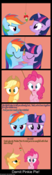 Size: 1700x5700 | Tagged: safe, artist:waveywaves, applejack, pinkie pie, rainbow dash, twilight sparkle, earth pony, pegasus, pony, unicorn, g4, blushing, comic, female, imminent kissing, kiss on the lips, kissing, lesbian, mare, mistletoe, prank, ship:twidash, shipping