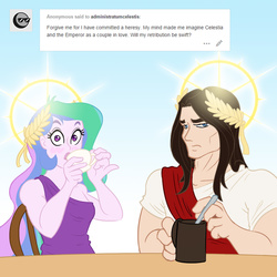 Size: 1280x1280 | Tagged: safe, artist:sanity-x, princess celestia, principal celestia, equestria girls, g4, ask, blushing, chair, clothes, crossover, crossover shipping, cup, drink, emprahlestia, female, frown, glare, glowing, god empress of ponykind, god-emperor of mankind, halo, heresy, looking at you, male, mug, shipping, sitting, straight, this will end in exterminatus, this will end in heresy, toga, tumblr, unamused, warhammer (game), warhammer 40k, wide eyes
