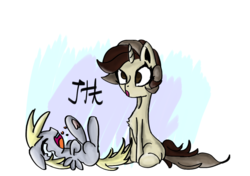 Size: 1159x816 | Tagged: safe, artist:jonathan the awesome, derpibooru exclusive, derpy hooves, oc, oc:jona clay, g4, female, filly, laughing, silly face, younger