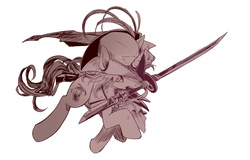 Size: 650x417 | Tagged: safe, artist:murai shinobu, pony, unicorn, bloodborne, crossover, hat, lady maria, ponified, solo, sword, tricorne, weapon
