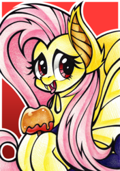 Size: 1024x1457 | Tagged: safe, artist:j-lin-mlp, fluttershy, pegasus, pony, g4, caramel apple (food), clothes, costume, female, flutterbat costume, looking at you, mare, solo, traditional art