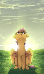 Size: 900x1500 | Tagged: safe, artist:shellydreams, scootaloo, pegasus, pony, g4, female, looking up, sitting, solo