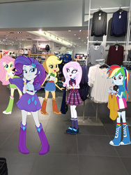 Size: 2448x3264 | Tagged: safe, applejack, fleur-de-lis, fluttershy, rainbow dash, rarity, equestria girls, g4, boots, clothes, equestria girls in real life, group, high heel boots, high res, mall, shoes