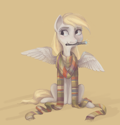 Size: 981x1026 | Tagged: safe, artist:erinsi, derpy hooves, pegasus, pony, g4, clothes, cute, derpabetes, doctor derpy, doctor who, female, fourth doctor's scarf, looking away, mare, mouth hold, scarf, simple background, solo, sonic screwdriver, striped scarf