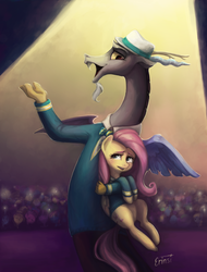 Size: 1373x1802 | Tagged: safe, artist:erinsi, discord, fluttershy, pony, bottomless, bowtie, clothes, crowd, duet, duo, hat, partial nudity, ponytones, ponytones outfit, singing, stage, stage fright, sweater, sweatershy