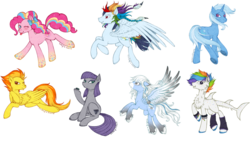 Size: 1280x724 | Tagged: safe, artist:tinuleaf, maud pie, pinkie pie, spitfire, trixie, oc, oc:punk tank skittles, oc:sunrise brisk, oc:wind chime, earth pony, original species, pegasus, pony, shark pony, unicorn, g4, female, mare, offspring, parent:rainbow dash, parent:soarin', parents:soarindash