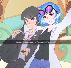 Size: 1280x1223 | Tagged: safe, artist:jonfawkes, dj pon-3, octavia melody, vinyl scratch, human, ask human octavia, g4, blushing, eating, elf ears, female, food, grin, humanized, lesbian, messy eating, selfie, ship:scratchtavia, shipping, snapchat, sunglasses, wide eyes