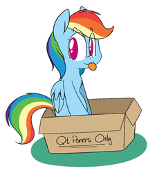 Size: 1237x1291 | Tagged: safe, artist:quarantinedchaoz, rainbow dash, pegasus, pony, g4, 4chan, :3, :p, box, cardboard box, chest fluff, cute, dashabetes, diabetes, dock, female, fluffy, looking at you, poner, pony in a box, qt, silly, simple background, sitting, smiling, solo, tongue out, white background