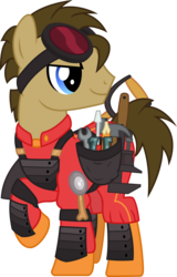 Size: 2500x3898 | Tagged: safe, artist:cheezedoodle96, doctor whooves, time turner, pony, g4, the cutie re-mark, alternate hairstyle, alternate timeline, armor, clothes, crystal war timeline, engineer, engineer (tf2), goggles, hair over one eye, hammer, high res, horseshoes, male, pencil, saddle bag, screwdriver, shovel, simple background, solo, speculation, stallion, team fortress 2, tools, transparent background, vector, wrench