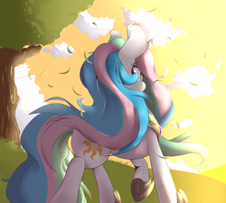 Size: 1600x1440 | Tagged: safe, artist:sourspot, princess celestia, pony, g4, cloud, female, mare, praise the sun, solo, tree, walk