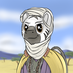 Size: 1000x1000 | Tagged: safe, artist:gamesadict, zebra, clothes, desert, headscarf, looking at you, male, mountain, quadrupedal, scarf, smiling, smirk, solo, stallion, tree, zoomorphic