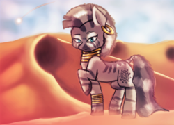 Size: 1349x969 | Tagged: safe, artist:hams5, zecora, zebra, g4, desert, female, looking at you, raised hoof, shooting star, smiling, solo