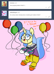 Size: 1500x2050 | Tagged: safe, artist:fullmetalpikmin, oc, oc only, oc:viewing pleasure, pony, unicorn, tumblr:ask viewing pleasure, balloon, balloon fetish, blood, clothes, clown, costume, fetish, nosebleed, solo