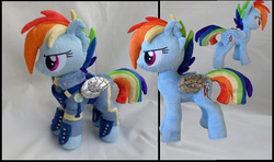 Size: 1144x677 | Tagged: safe, artist:epicrainbowcrafts, rainbow dash, g4, the cutie re-mark, alternate timeline, amputee, apocalypse dash, augmented, clothes, crystal war timeline, irl, photo, plushie, prosthetic limb, prosthetic wing, prosthetics, scar, solo, torn ear