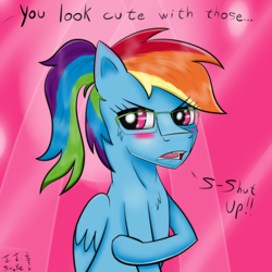 Size: 1889x1889 | Tagged: safe, artist:jj-snake, rainbow dash, g4, blushing, cute, female, glasses, i'm not cute, ponytail, solo, tsunderainbow