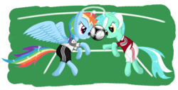 Size: 1880x948 | Tagged: safe, artist:isegrim87, lyra heartstrings, rainbow dash, pony, g4, football, germany