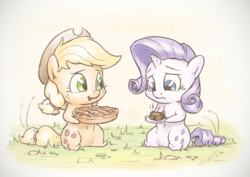 Size: 1440x1018 | Tagged: safe, artist:assasinmonkey, part of a set, applejack, rarity, g4, apples & gems calendar, chibi, female, food, lesbian, pie, ship:rarijack, shipping