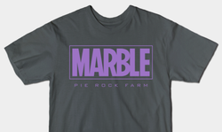 Size: 559x334 | Tagged: safe, artist:mikej, marble pie, g4, clothes, pie family, pie sisters, purple text, rock farm, shirt, shirt design