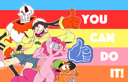 Size: 1921x1236 | Tagged: safe, artist:kelcasual, pinkie pie, g4, bipedal, crossover, crossover nexus, foam finger, jyuushimatsu, osomatsu-san, papyrus (undertale), thumbs up, undertale, wander (wander over yonder), wander over yonder