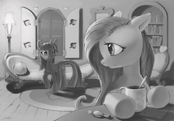 Size: 1280x893 | Tagged: safe, artist:shad3r, fluttershy, twilight sparkle, pegasus, pony, unicorn, g4, book, candy, couch, cup, duo, fanfic art, floppy ears, food, grayscale, interior, lamp, monochrome, paper, signature, spoon, table, unicorn twilight, window