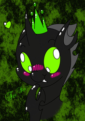 Size: 4320x6147 | Tagged: safe, artist:gh0st, oc, oc only, oc:icarys, changeling, absurd resolution, adorable face, blushing, crown, cute, fangs, green changeling, green eyes, heart, solo