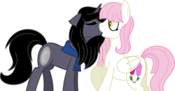 Size: 1024x532 | Tagged: safe, artist:t-aroutachiikun, oc, oc only, oc:geranium, oc:prince thanatos, clothes, female, kissing, male, oc x oc, offspring, offspring shipping, parent:bulk biceps, parent:fluttershy, parent:king sombra, parent:princess luna, parents:flutterbulk, parents:lumbra, scarf, shipping, simple background, straight